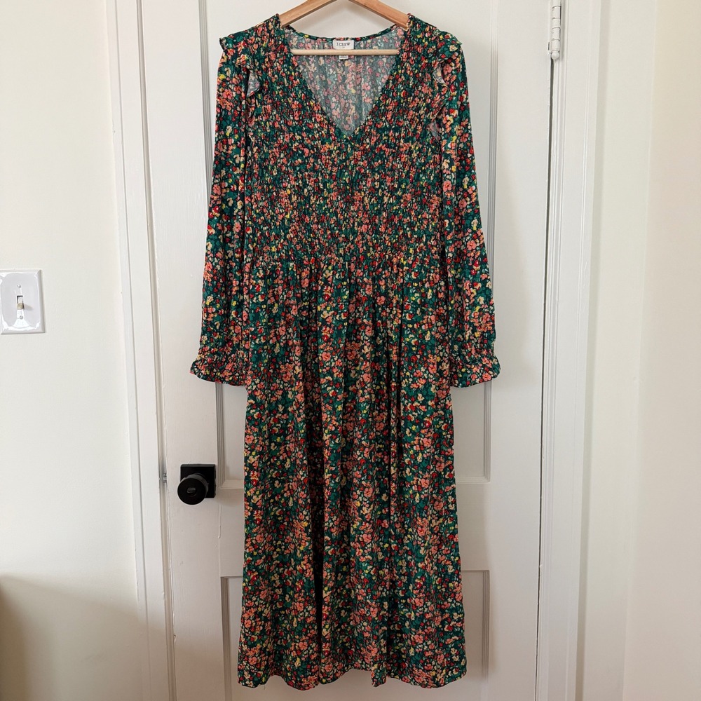 J. Crew // Green Floral Midi Dress with Pink & Yellow Flowers